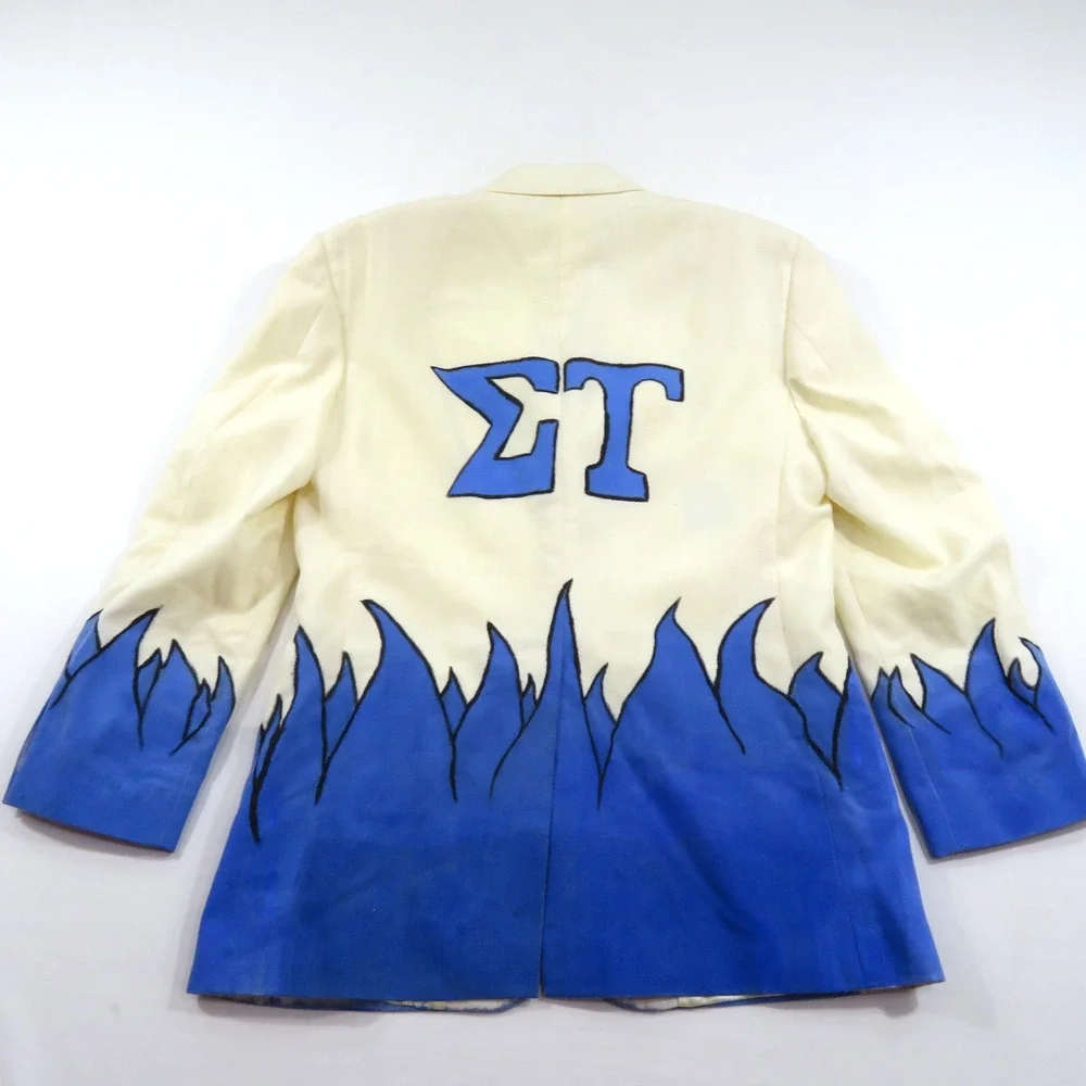 Sigma Tau Fraternity Sport Coat Hand Painted Haggar Cream Blue Sz 38 R Vintage